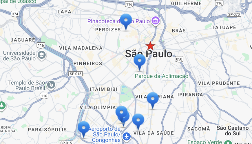 Mapa de São Paulo mostrando a localização de oftalmologistas